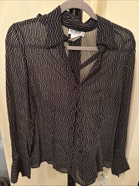 Black Sheer Chevron Print Button-Up Blouse